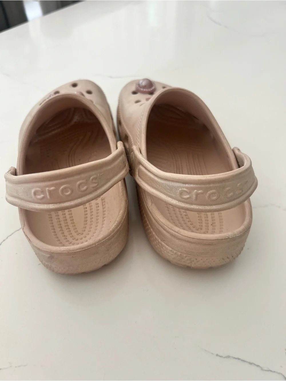 CROCS Kids Metallic Rose Gold Slip-On Clogs with Jewel Charms
